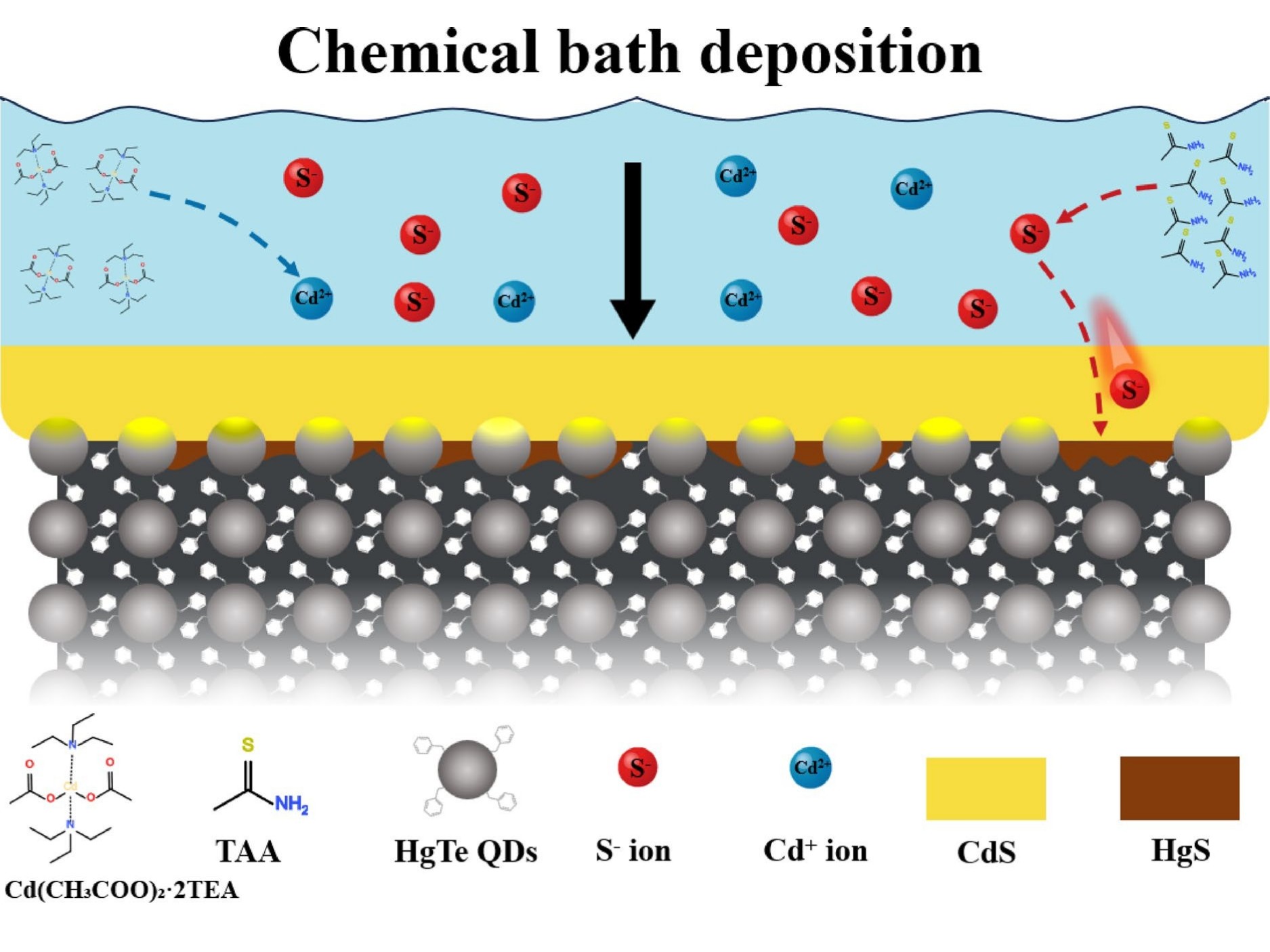 Schematic of low-temperature chemical bath deposition method to grow a heterojunction passivation layer on HgTe quantum dot photoactive layers for detector fabrication